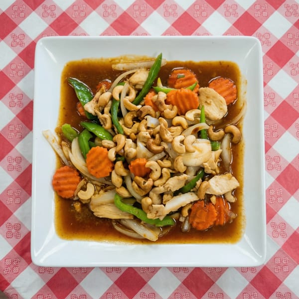 Thai Star's cashew chicken stir-fry with carrots, onions, and green beans on a white plate.