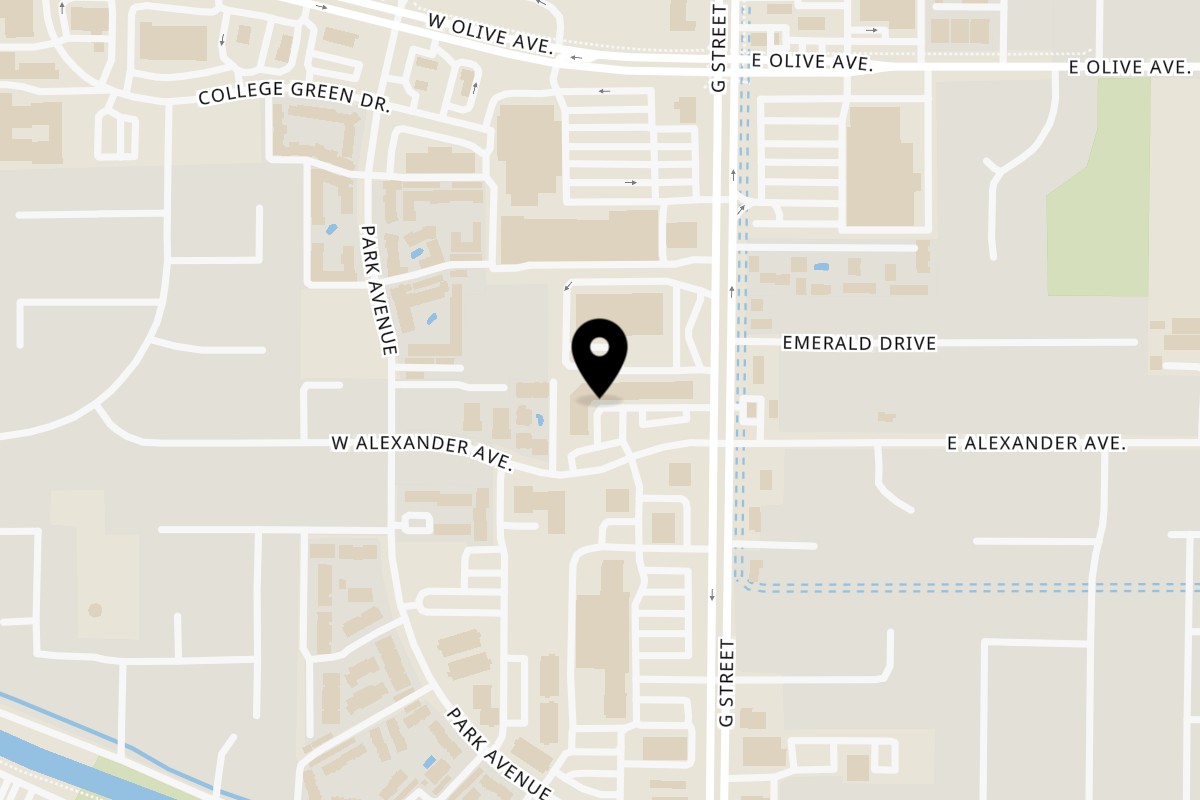 Map showing the location of Thai Star on 57 W Alexander Ave in Merced
